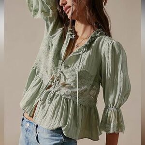 Boho Lace Babydoll Blouse in Seafoam Green - Size L